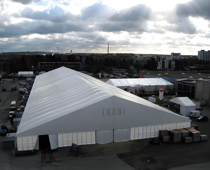 VT2 tarpaulin membrane — large-span event structure, aerial view