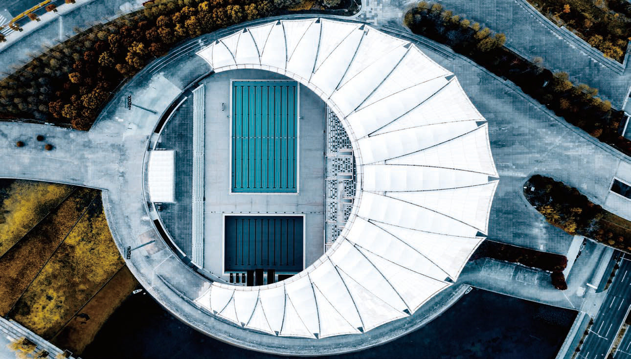 VT7AW-37511FF stress-balanced membrane — tensile roof, aerial view