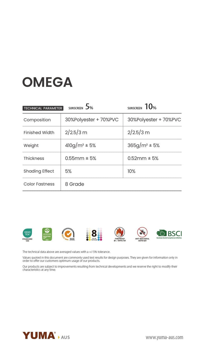 OMEGA Sunscreen 10% — technical parameters