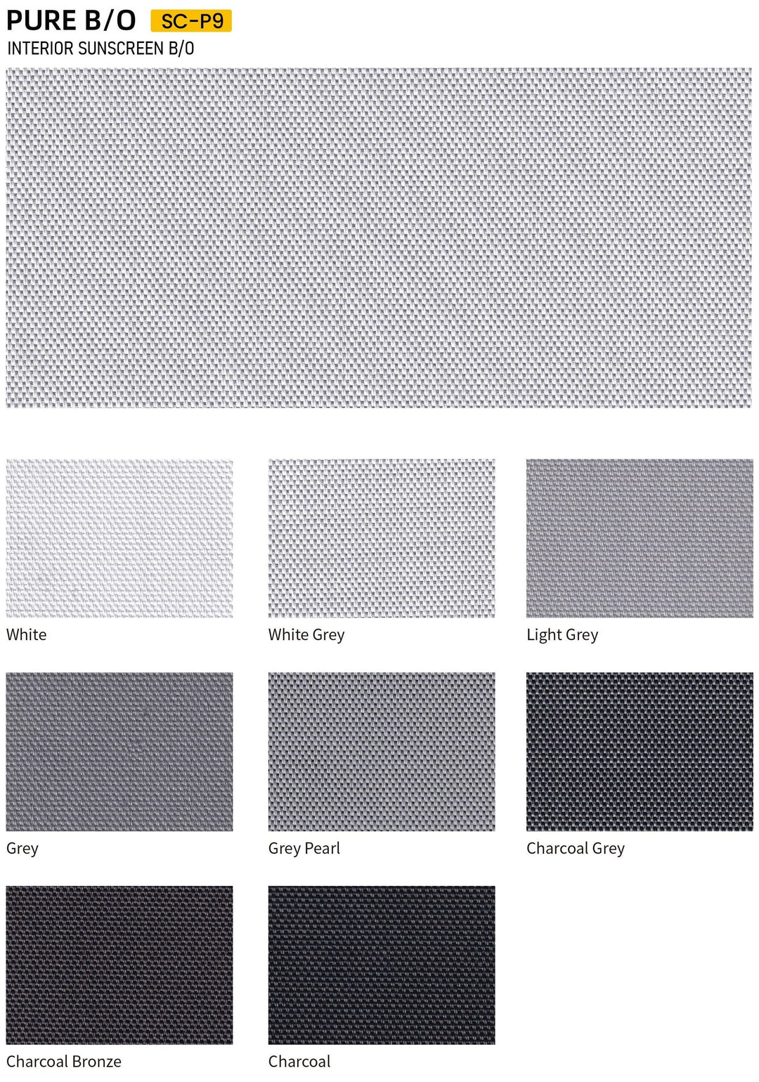 SUNCOOL P9 Blockout 0% — colour range sample page