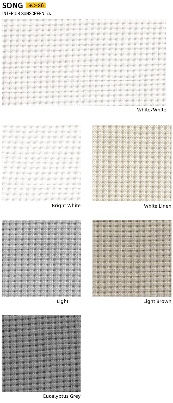 SUNCOOL Song S6 Sunscreen 5% — colour range sample page