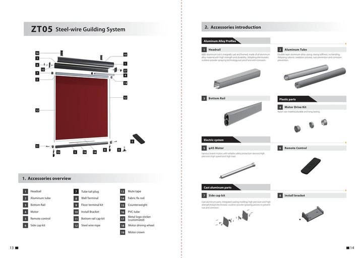 Wire-Guided Outdoor Screen System ZT05 — components and parameters