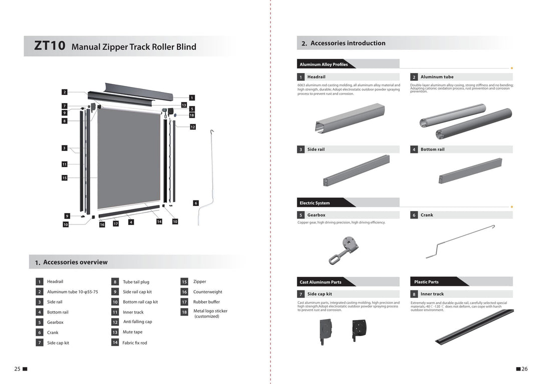 Manual Side-Guided Outdoor Screen ZT10 — components and parameters