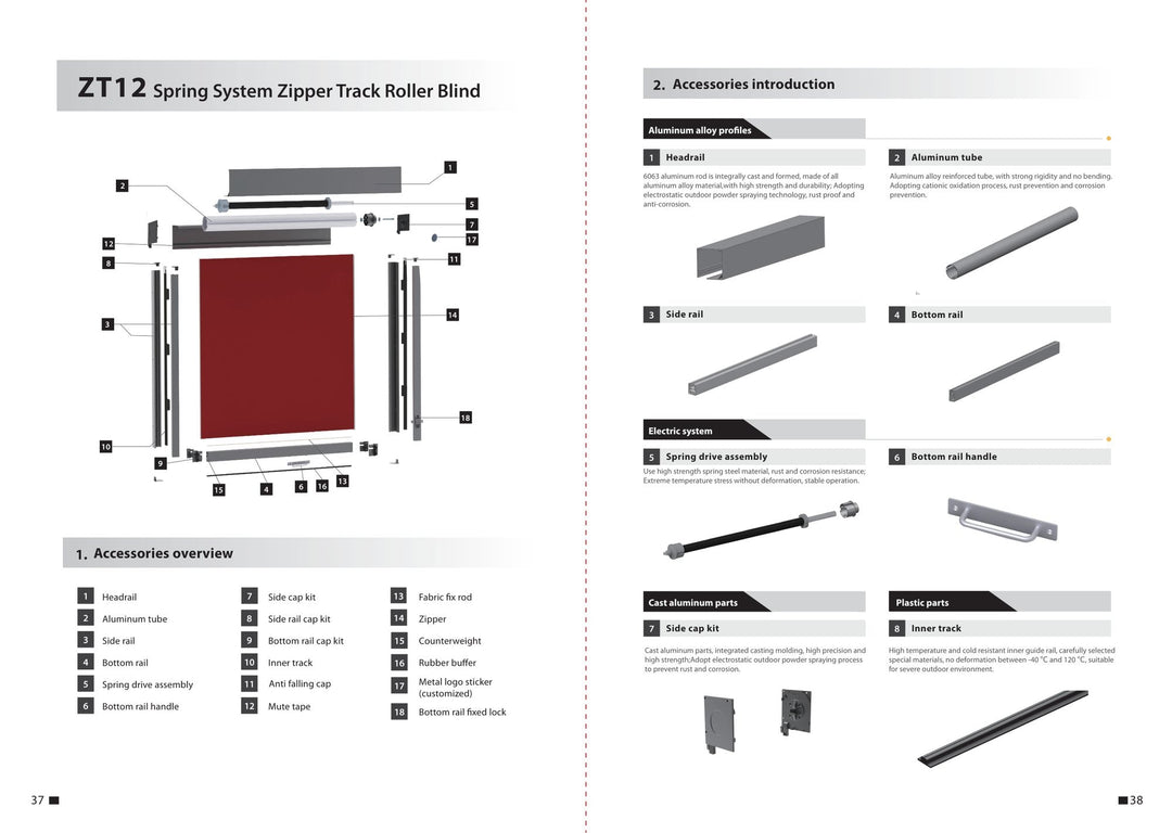Spring-Assisted Side-Guided Outdoor Screen ZT12 — components and parameters