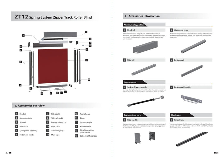 Spring-Assisted Side-Guided Outdoor Screen ZT12 — components and parameters