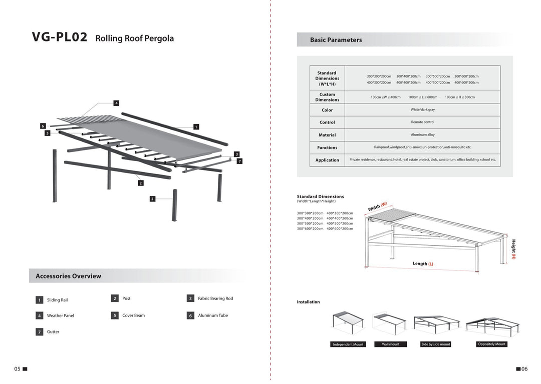 Retractable Roof Pergola PL02 — components and parameters
