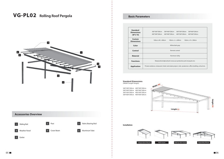 Retractable Roof Pergola PL02 — components and parameters