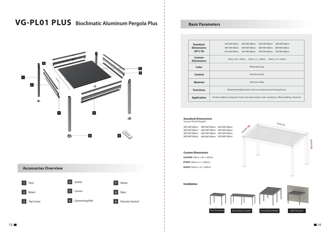 Bioclimatic Aluminium Pergola PL01 PLUS — components and parameters