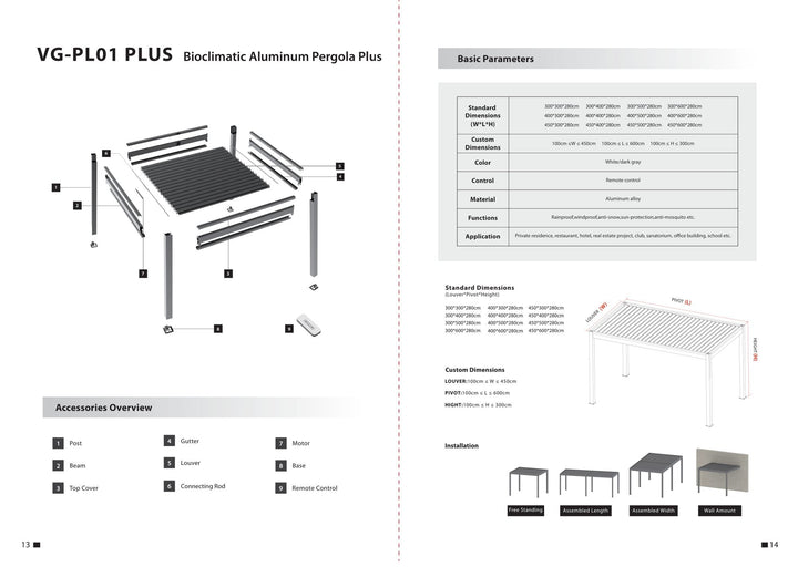 Bioclimatic Aluminium Pergola PL01 PLUS — components and parameters