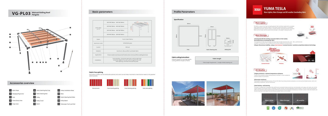 Fabric Roof Pergola PL03 — components and parameters