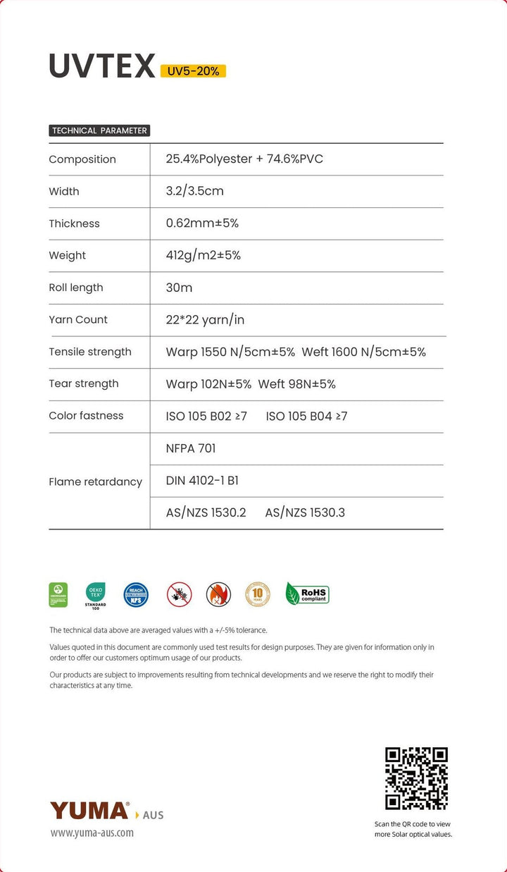 UVTEX UV5 External Screen 20% — technical parameters