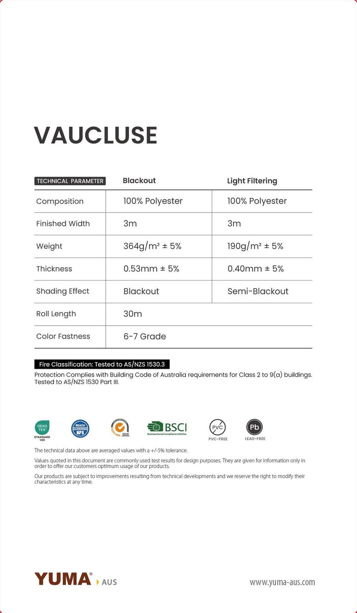 VAUCLUSE Light Filtering — technical parameters